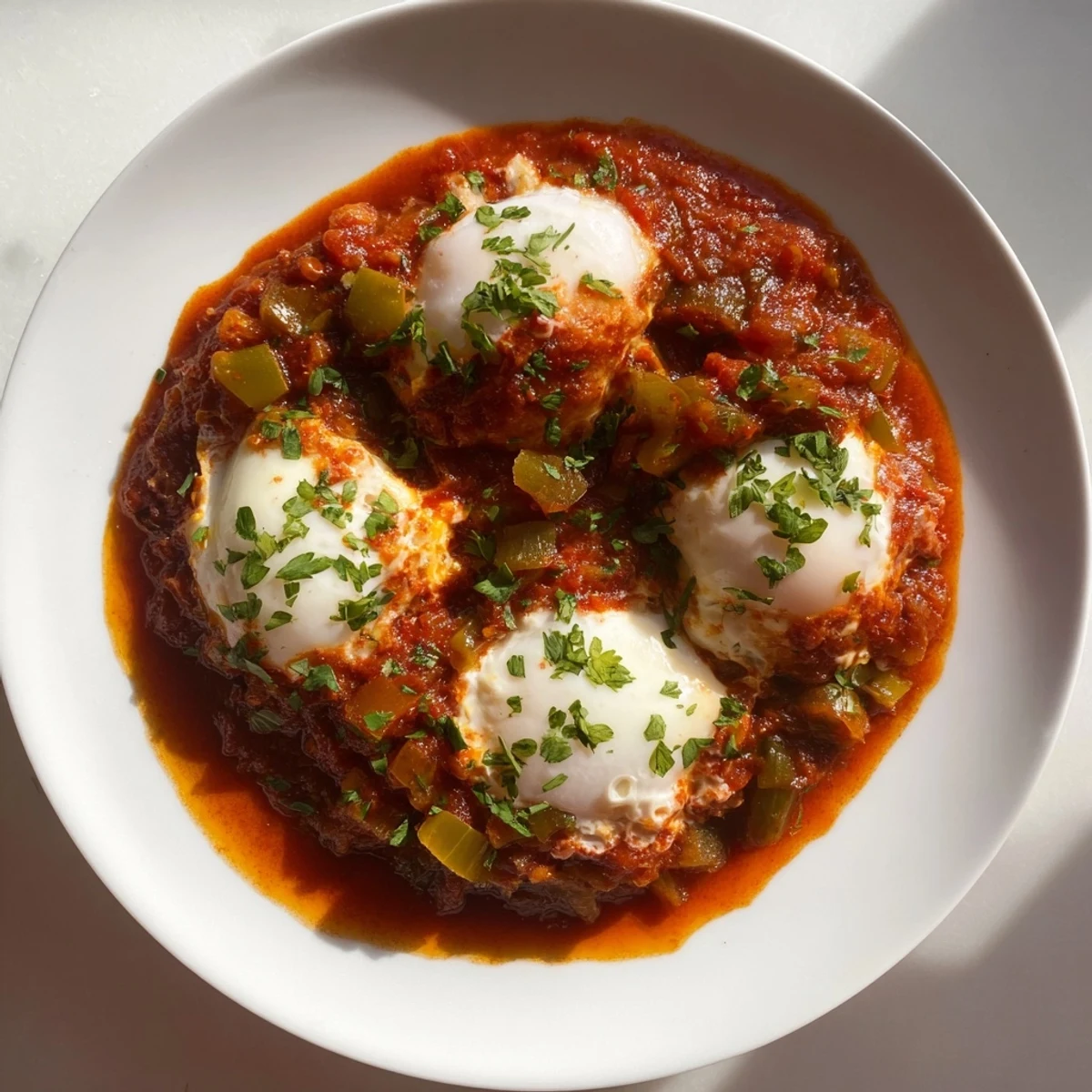 Golden, runny yolks of Shakshuka nestled in a zesty tomato and pepper sauce.