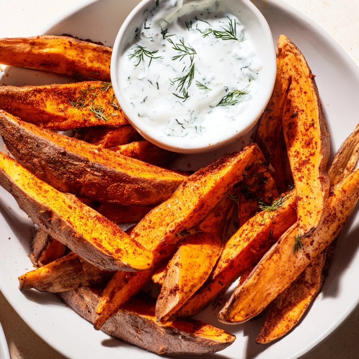 Golden, crispy roasted sweet potato wedges ready to be dipped into refreshing yogurt.