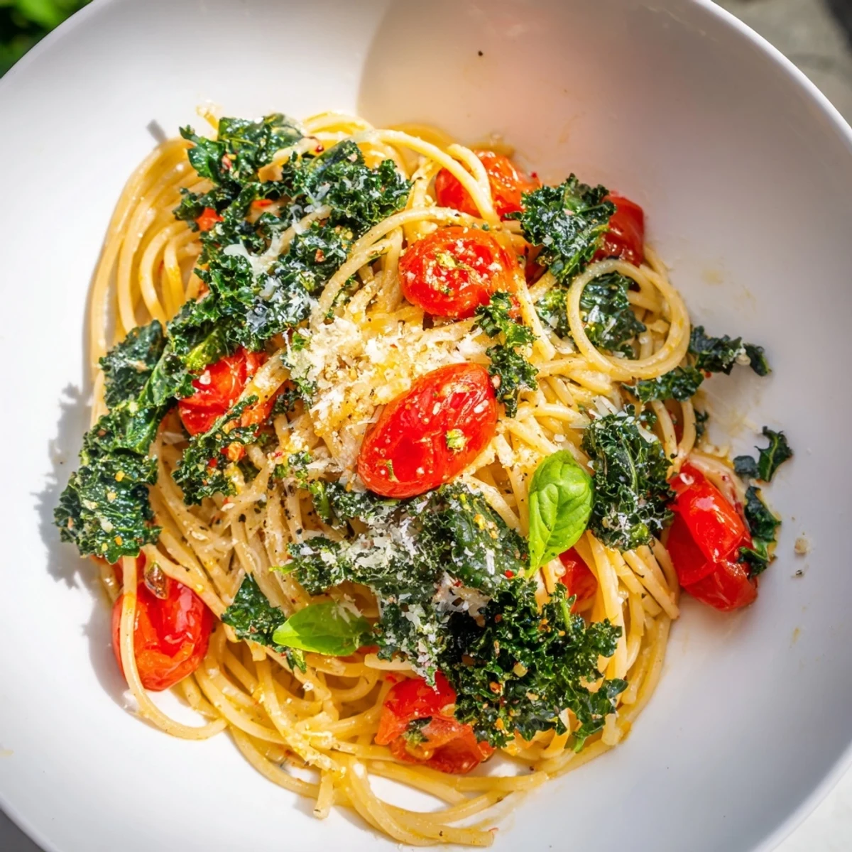 Close-up of One-Pot Spaghetti with Kale & Tomatoes, glistening with Parmesan and fresh basil.