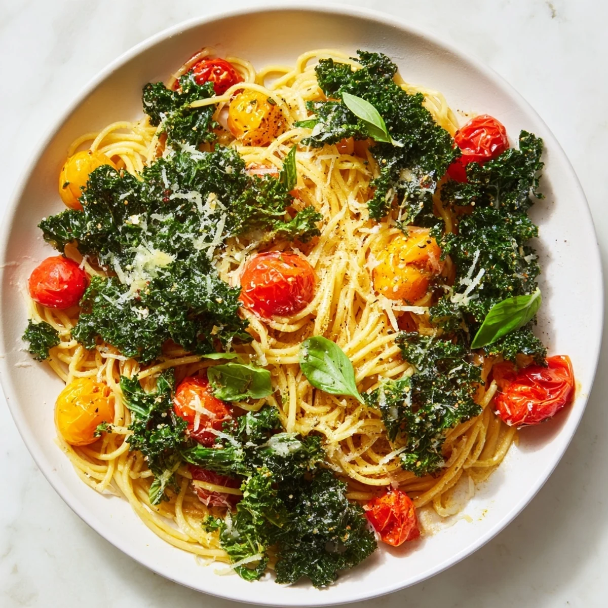 Steaming bowl of One-Pot Spaghetti, vibrant with tomatoes, kale, and perfectly cooked pasta.