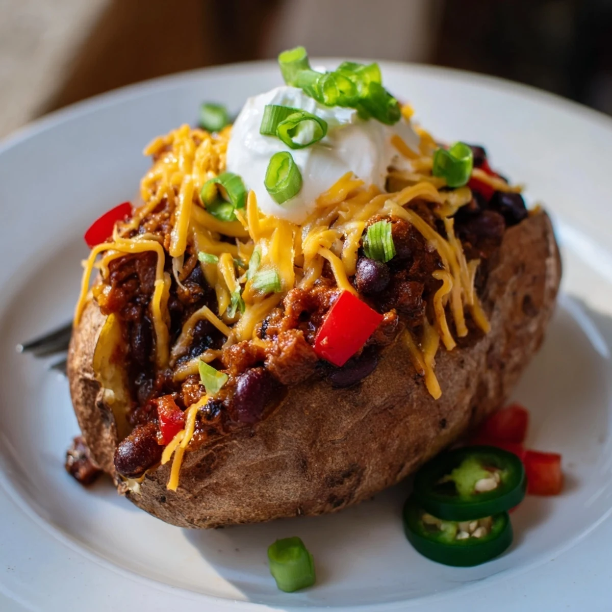 Steaming loaded baked potato with chili, cheese, and fresh green onions, ready to eat.