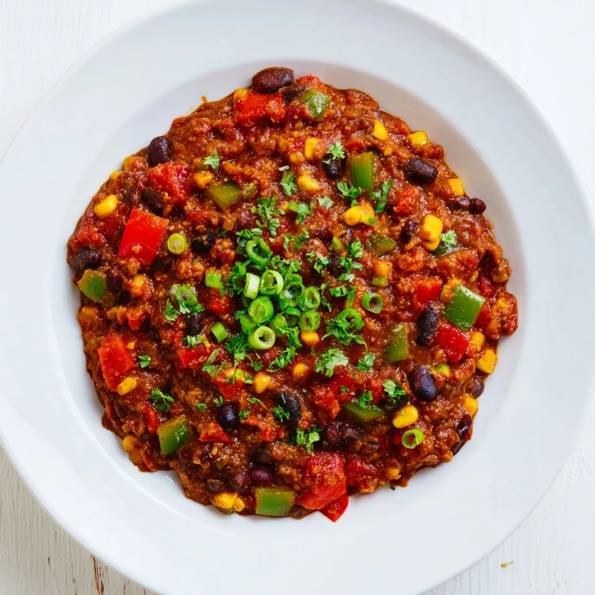 A close-up of a flavorful, hearty veggie chili, topped with cilantro and green onions.