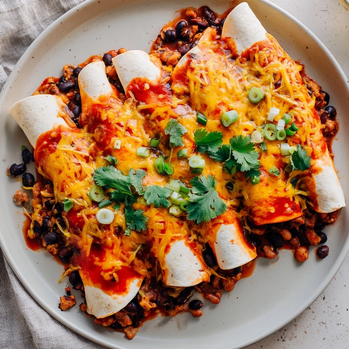 Baked Cheesy Bean Enchiladas with bubbly, golden cheese, a hint of cilantro, and rich red sauce.