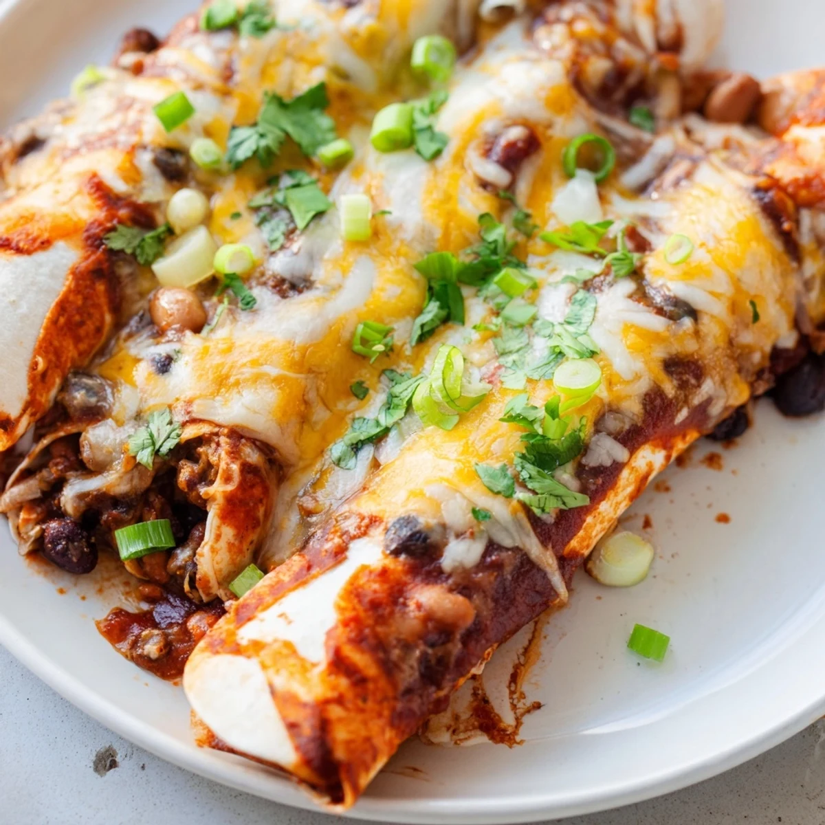 Steaming plate of Cheesy Bean Enchiladas, showcasing tender tortillas and a flavorful bean filling.