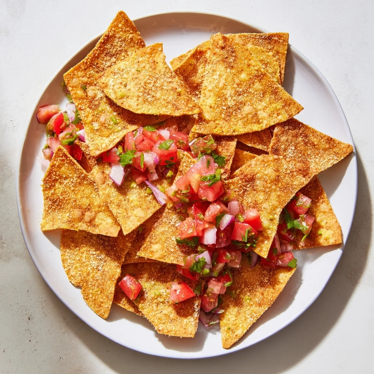 Golden air-fryer tortilla chips alongside fresh, vibrant salsa, a perfect snack for game day.