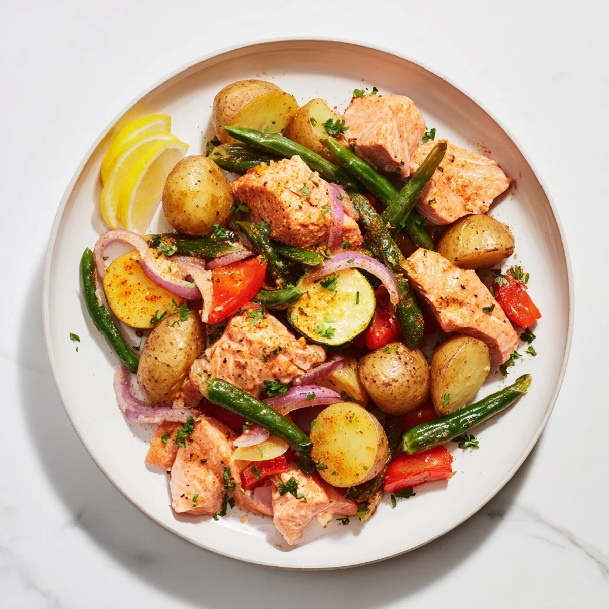 Golden potatoes and flaky salmon pieces sizzle in this delicious Salmon & Potato Skillet recipe.