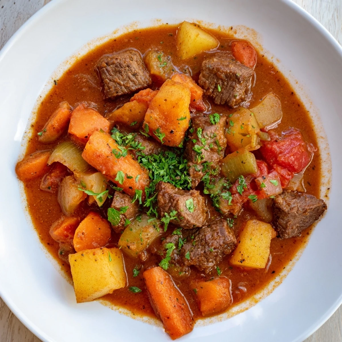 The rich aroma of Instant Pot beef stew, with visible chunks of beef and vibrant root vegetables.