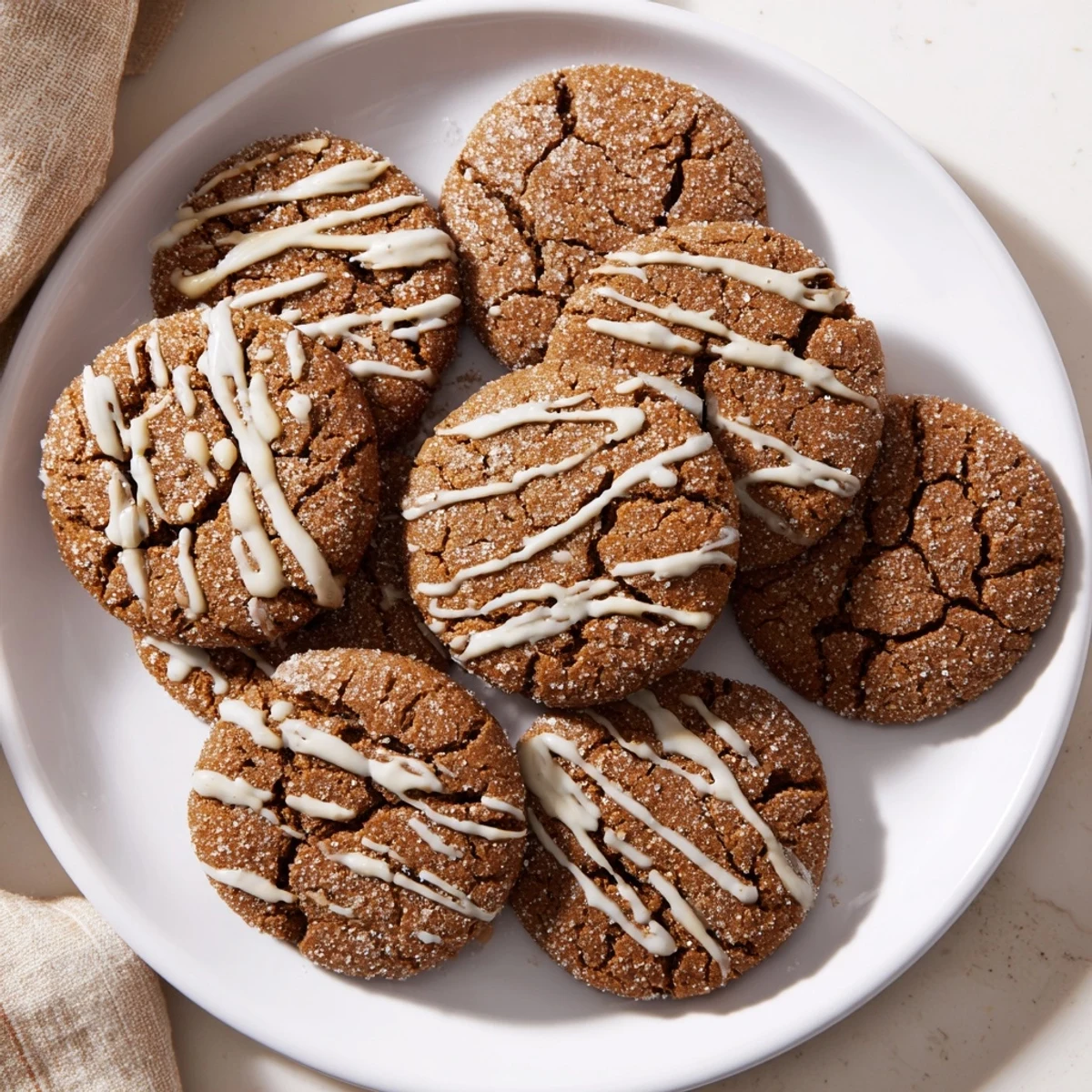 Warm gingerbread latte cookies with espresso undertones, drizzled with white chocolate, ready to enjoy.