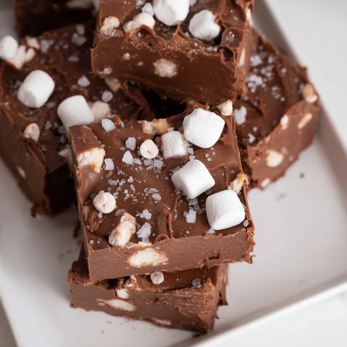 Creamy Easy Marshmallow Fudge, swirled with vanilla, ready to cut and serve as a sweet treat.