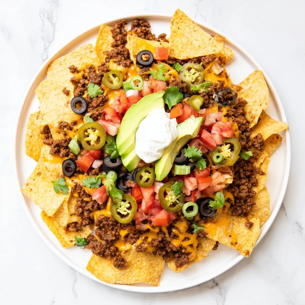 Golden, bubbly Sheet Pan Nachos with budget ground beef, loaded with cheese and a rainbow of fresh toppings.