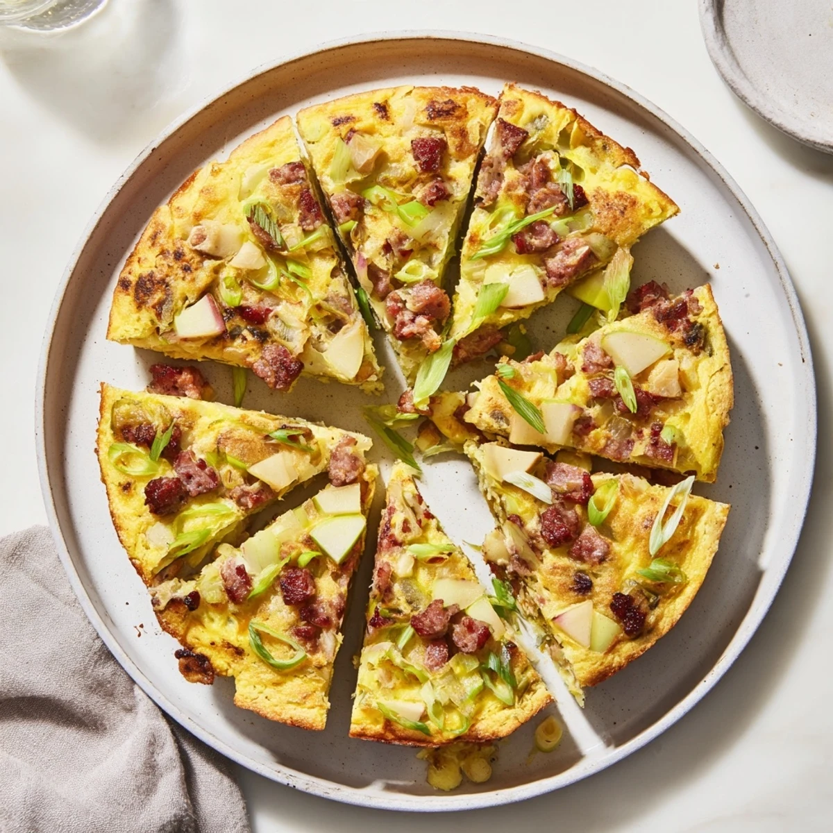 Golden Savory Apple, Sausage, and Cheddar Scone Skillet, served warm, with visible, bubbly cheese.