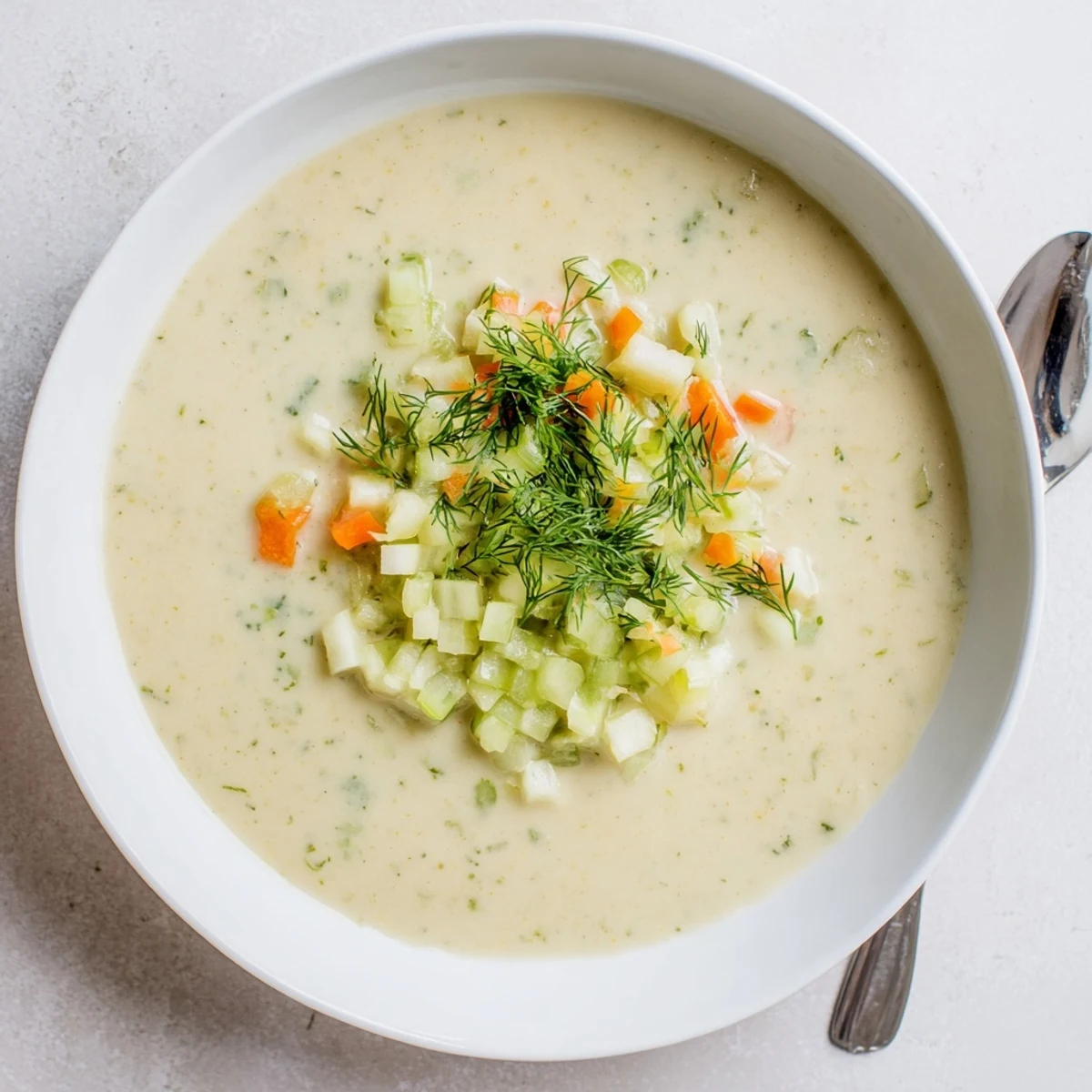 A steaming bowl of Creamy Dill Pickle Soup, thick and flavorful with potato chunks.