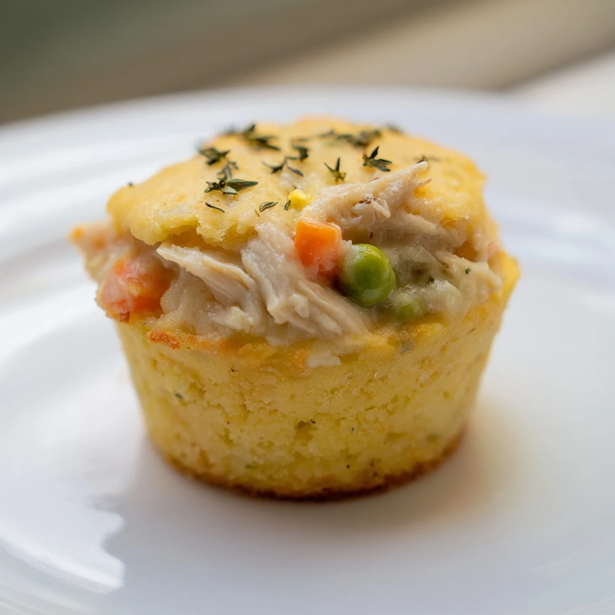 Golden-brown Chicken Pot Pie Cornbread Muffins with a savory chicken filling and sweet cornbread tops.