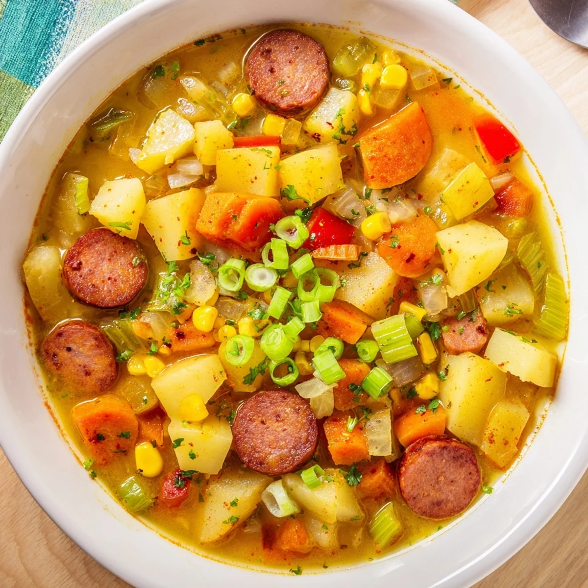 Slow Cooker Cajun Potato Soup, a creamy, spiced stew, garnished with fresh green onions and herbs.