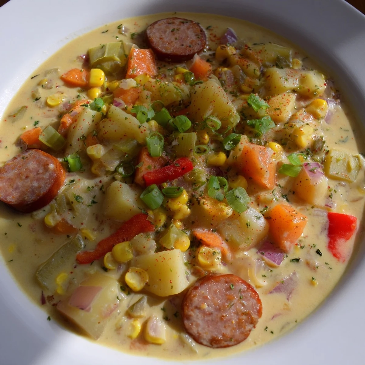 Garnish this vibrant bowl of Slow Cooker Cajun Potato Soup with fresh parsley and serve with crusty bread.