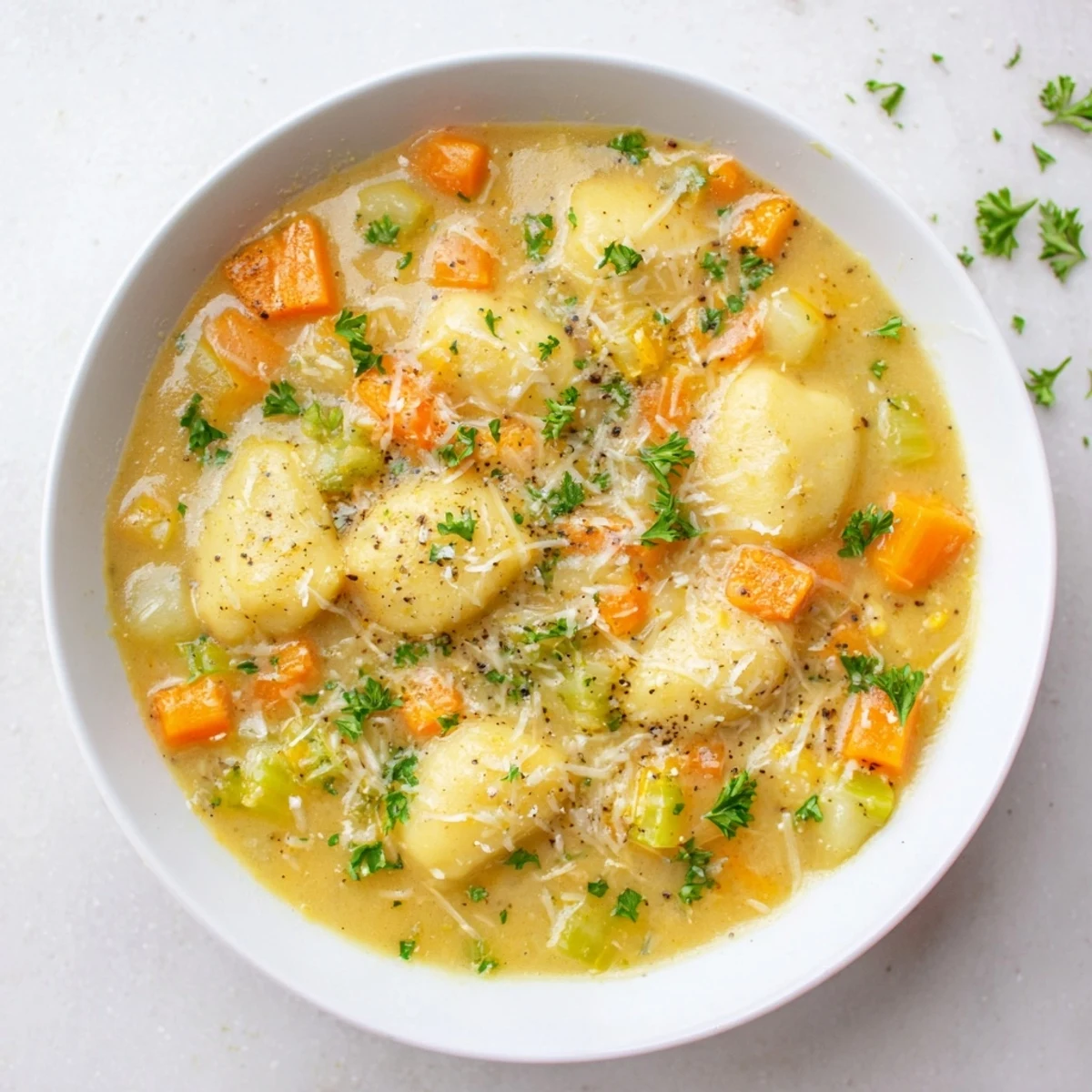 Steaming bowl of Savory Butternut Squash Gnocchi Soup, garnished with fresh parsley and Parmesan cheese.