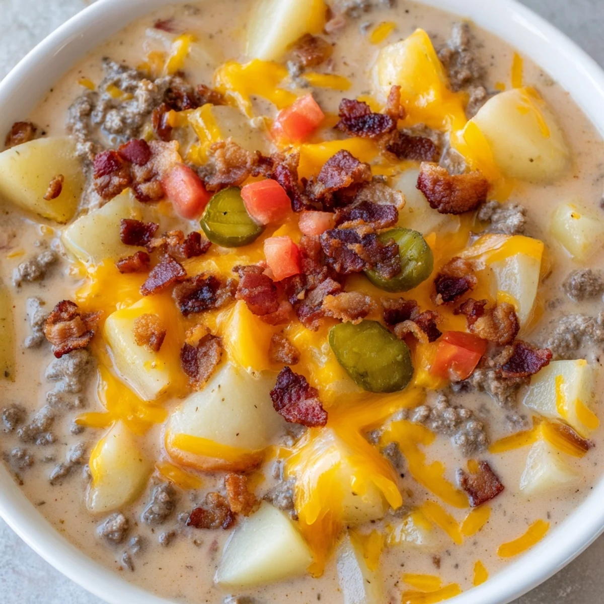 Steaming Crockpot Cheeseburger Soup topped with crunchy bacon and extra cheddar cheese, ready to eat!