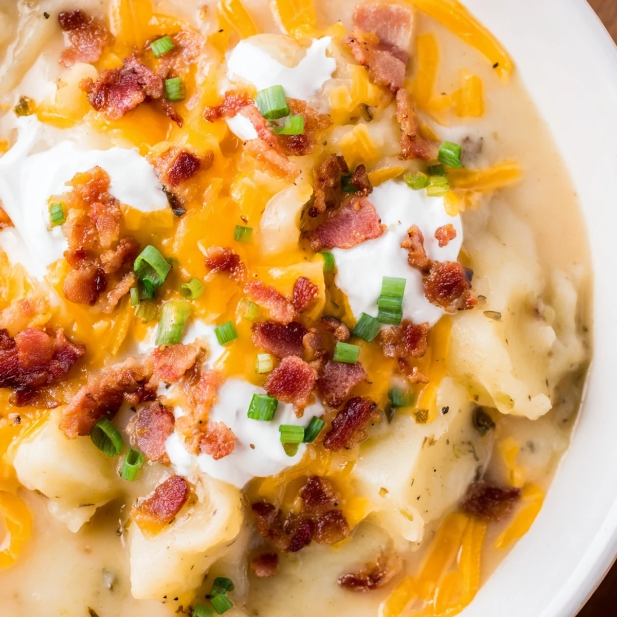A steaming bowl of Crockpot Loaded Baked Potato Soup, topped with cheese and crispy bacon.