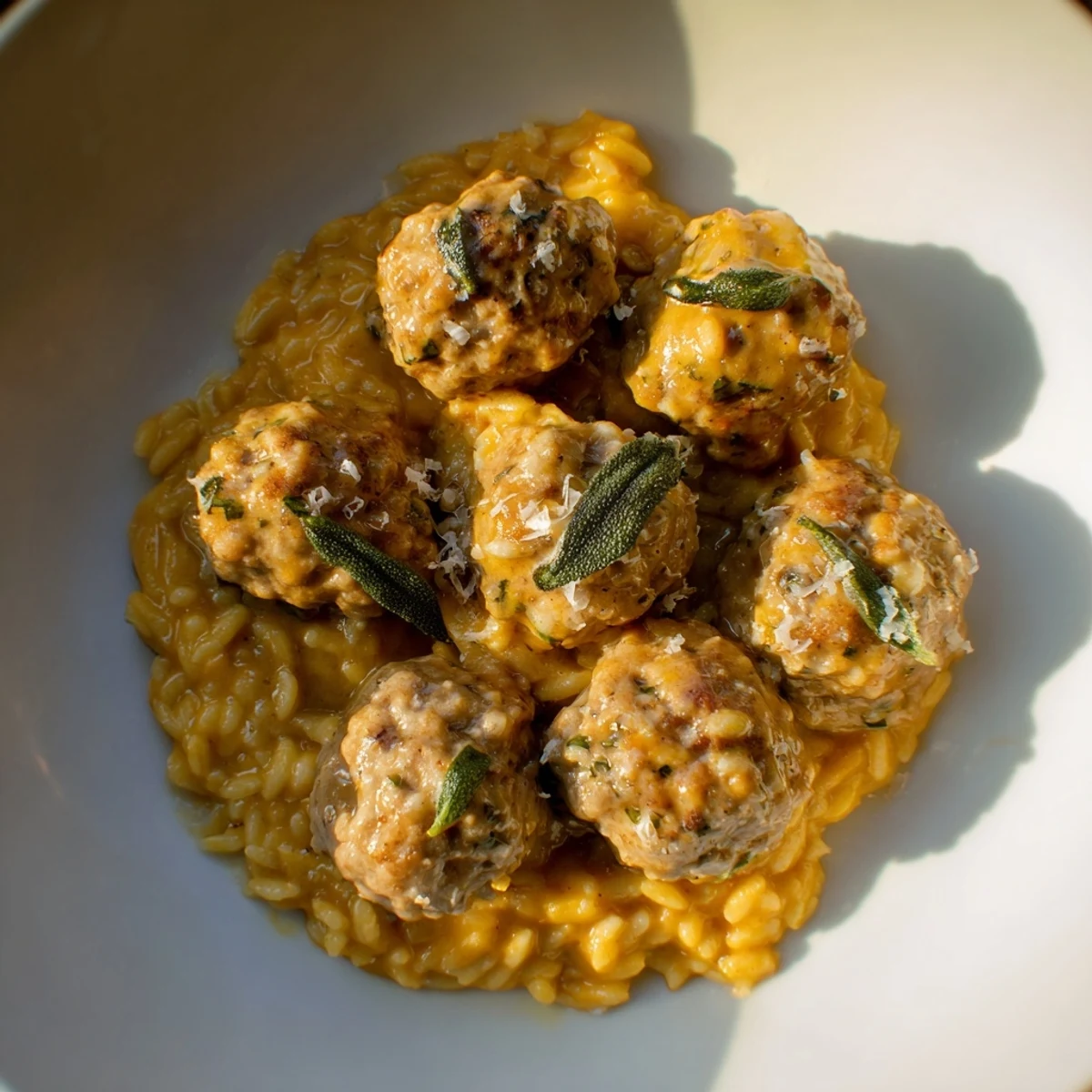 Golden, savory sage turkey meatballs nestled in vibrant pumpkin orzo, perfect for a warming autumn meal.