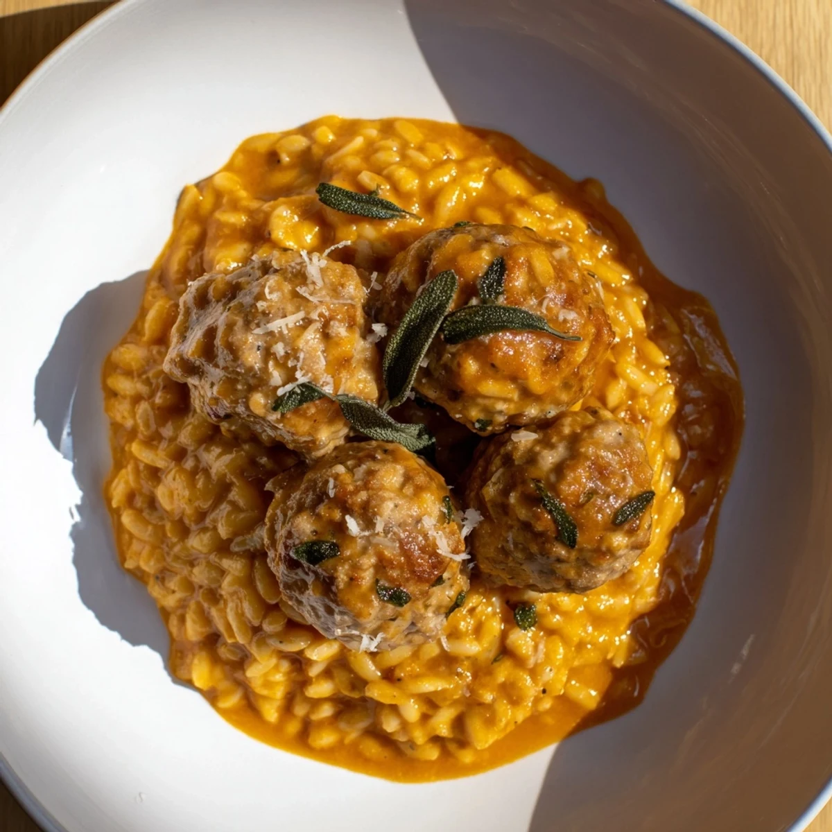 Close-up of succulent sage turkey meatballs bathed in a creamy pumpkin orzo sauce, ready to serve and enjoy.
