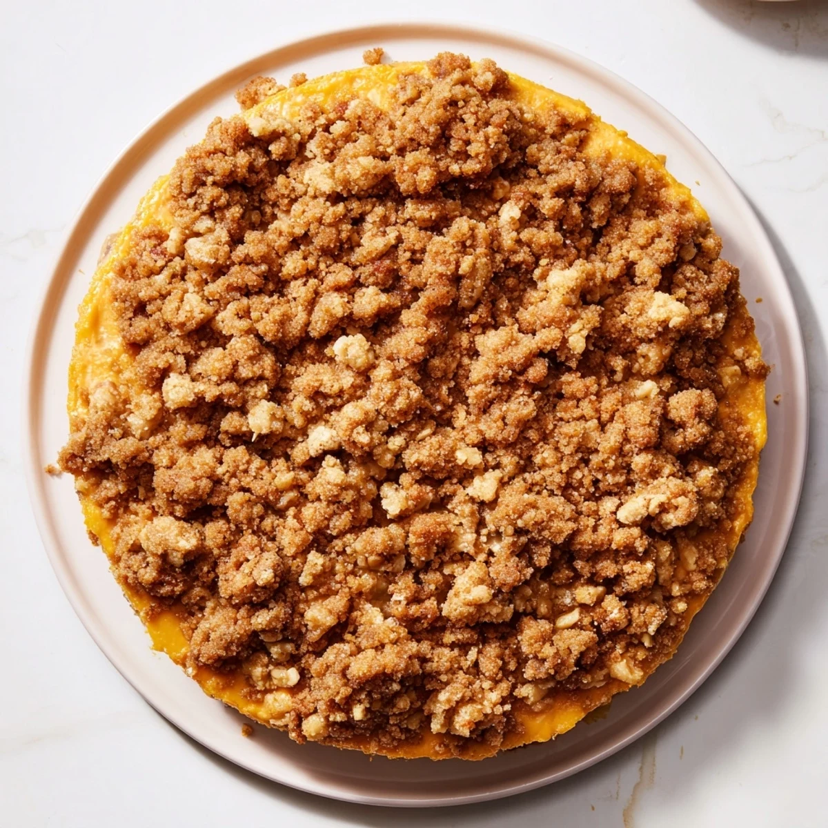 Buttery, crumbly topping crowns this baked pumpkin crisp, promising warm, spiced autumn flavors.