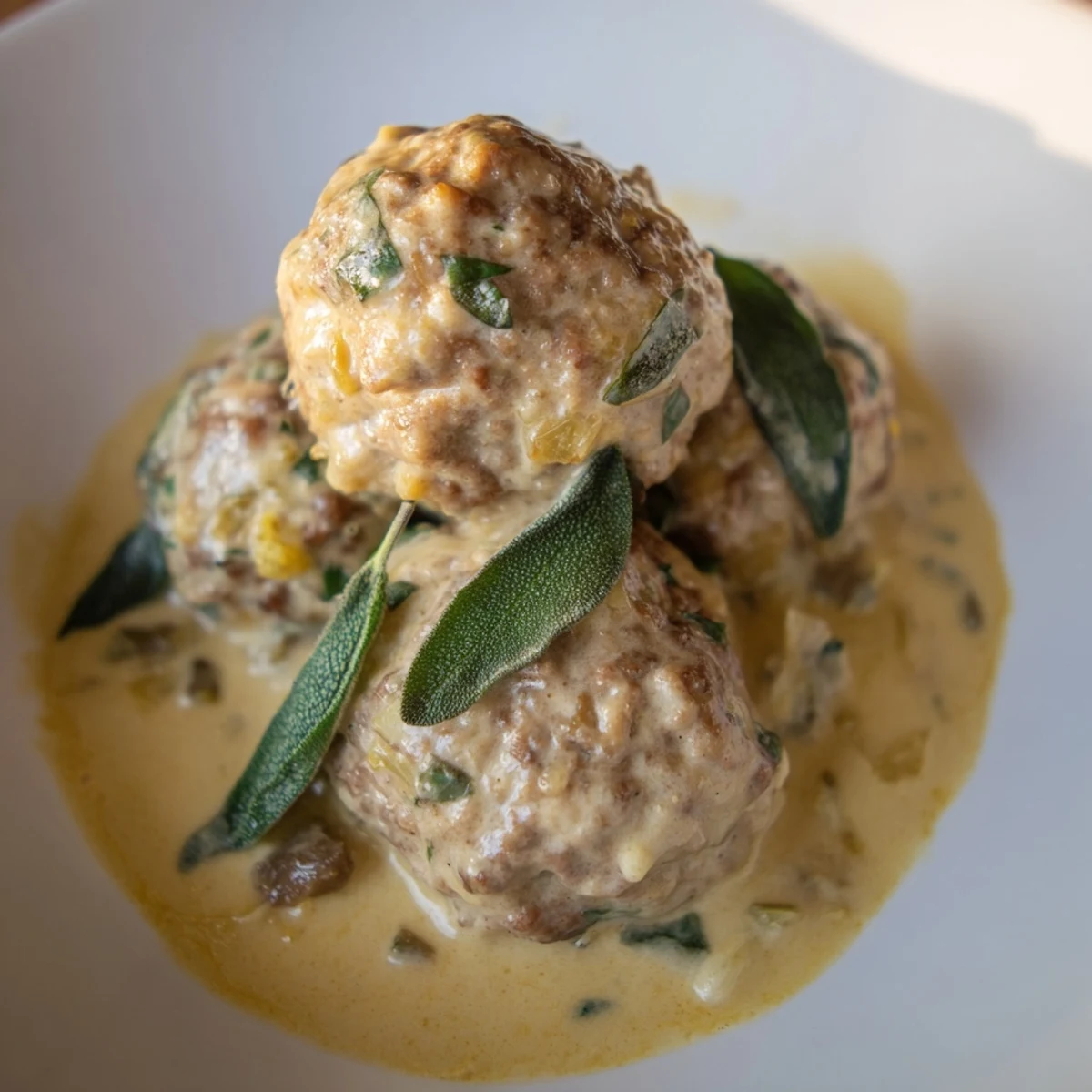 A plated serving of savory turkey meatballs with pumpkin sage sauce, garnished with fresh sage leaves.