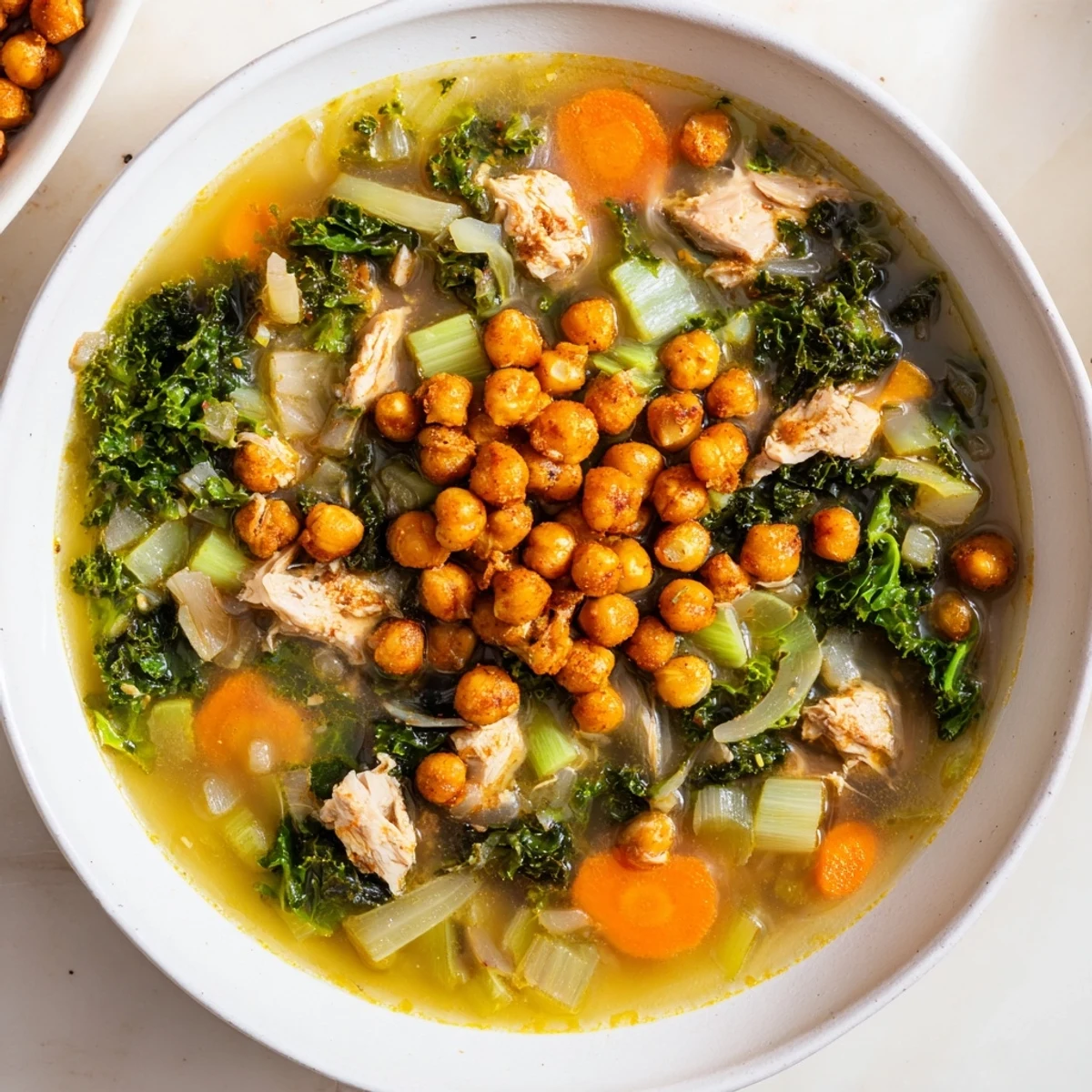 Chicken Kale Soup with crispy chickpeas, a warm bowl of soup topped with golden, crunchy chickpeas.