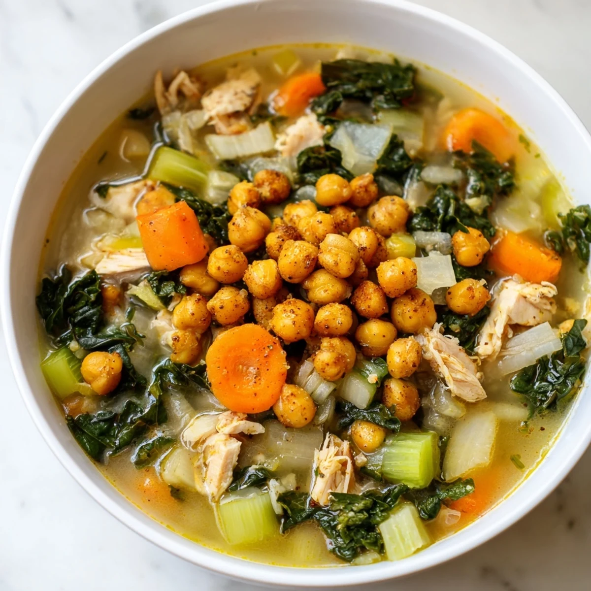 Close-up of Chicken Kale Soup, garnished with crispy chickpeas, a delicious and healthy American meal.