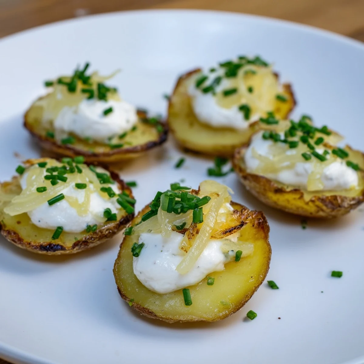 Imagine warm, cheesy Lightened French Onion Potato Bites; the crispy potato base supports rich, onion flavor.