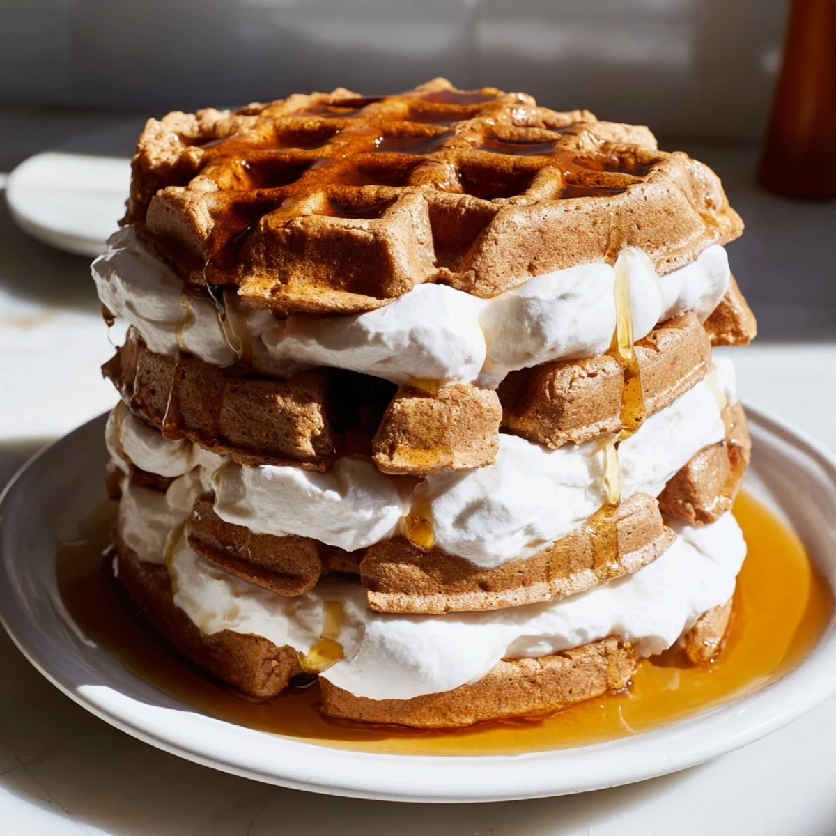 Express Gingerbread Waffle Stacks, golden brown and fluffy, stacked high with whipped cream and maple syrup.