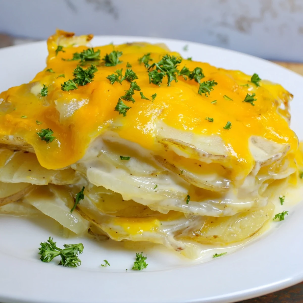 Golden, bubbly Budget-Friendly Potato Layer Bake, showcasing tender potatoes and creamy, cheesy layers.