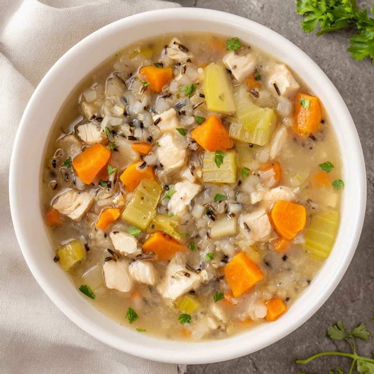 Steaming bowl of Quick Chicken and Wild Rice Soup garnished with fresh parsley, ready to enjoy.