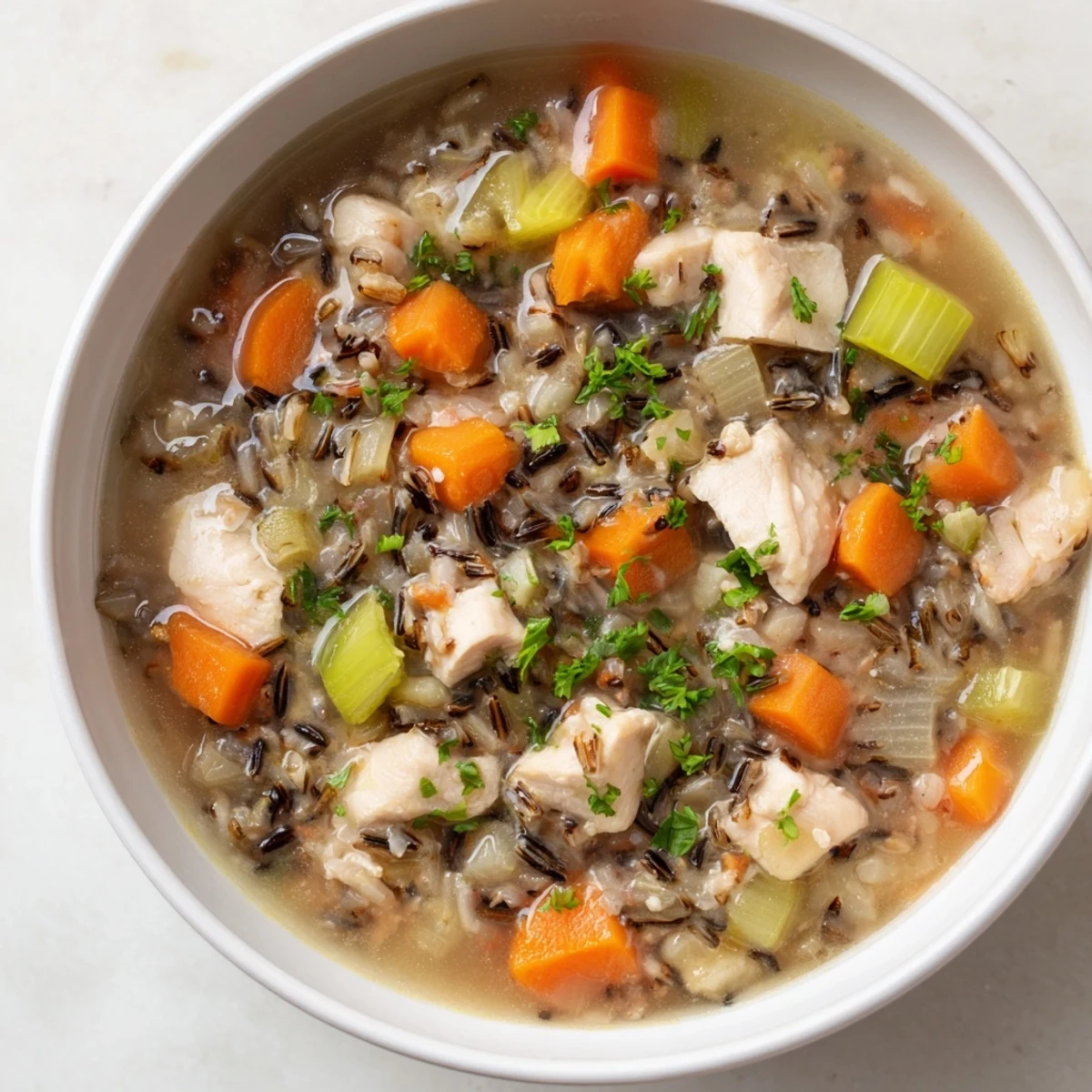 Close-up of a delightful bowl of Quick Chicken and Wild Rice Soup, a comforting weeknight meal.