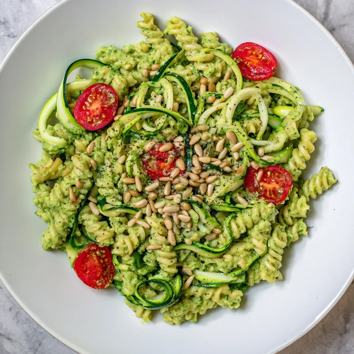Creamy vegan green goddess pasta, coated in vibrant green sauce, plated with fresh tomatoes.