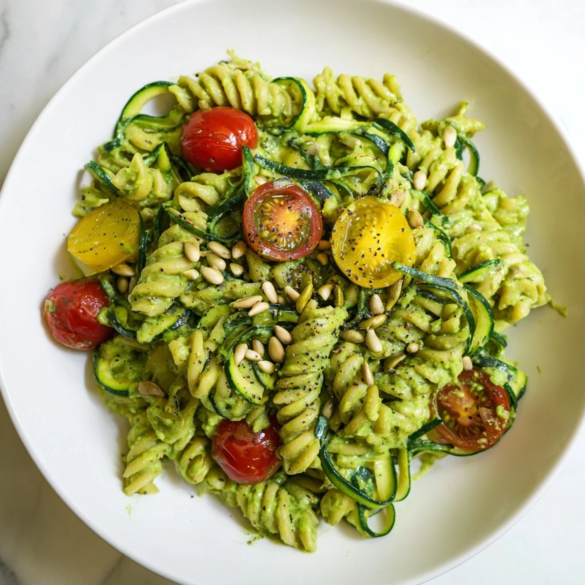 Spinach-infused sauce coats perfectly cooked vegan green goddess pasta, topped with fresh herbs.