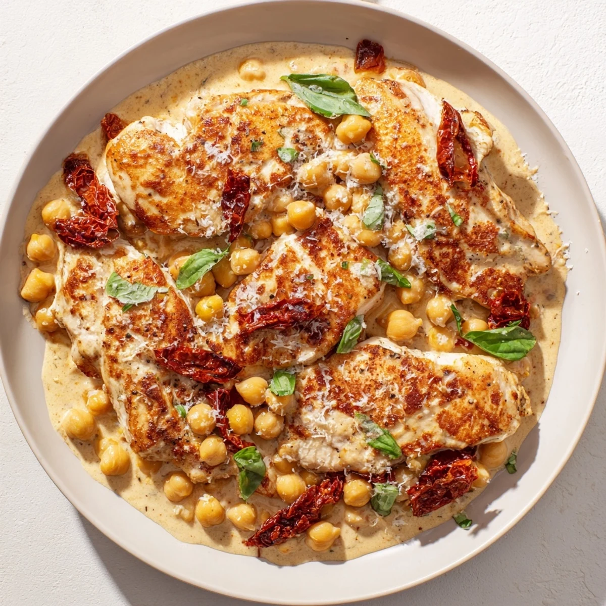 Creamy High-Protein Marry Me Chicken and Chickpeas, served with vibrant sun-dried tomatoes, ready to eat.
