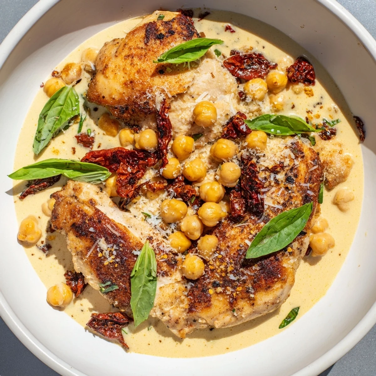 Golden-seared High-Protein Marry Me Chicken and Chickpeas, swimming in a rich, flavorful, creamy sauce.
