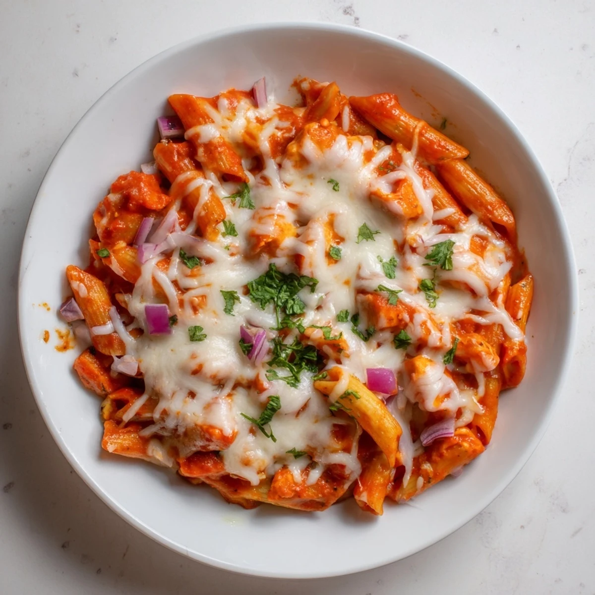 A close-up of a flavorful Baked Salsa Chicken Pasta, loaded with melted cheese and tender chicken.