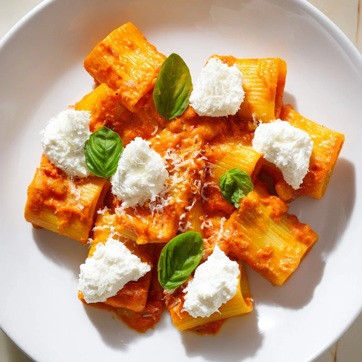 Vibrant Creamy Roasted Red Pepper Santa Hat Pasta with fluffy ricotta "hats" on top, ready to serve.