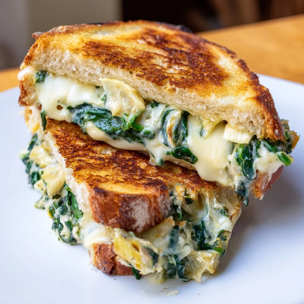 Golden brown Sourdough Spinach Artichoke Dip Grilled Cheese oozes with melted cheese, perfect for a cozy lunch.