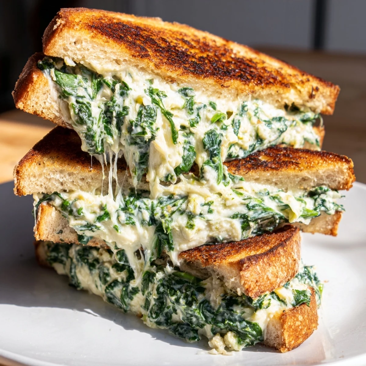 Warm, melty Sourdough Spinach Artichoke Dip Grilled Cheese, with a crispy sourdough exterior and creamy filling.