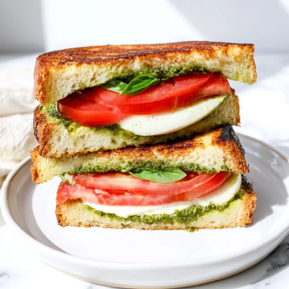 Caprese Pesto Panini-Style Grilled Cheese, golden and oozing melted mozzarella and pesto.