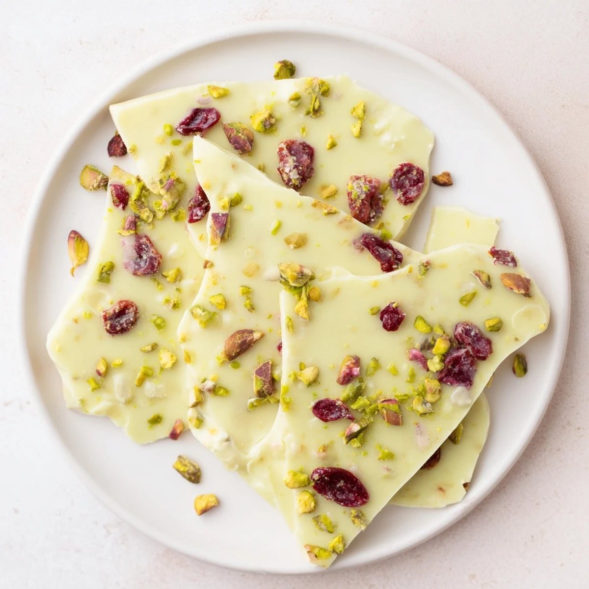 Vibrant green matcha swirl through white chocolate in these delicious cranberry bark clusters.
