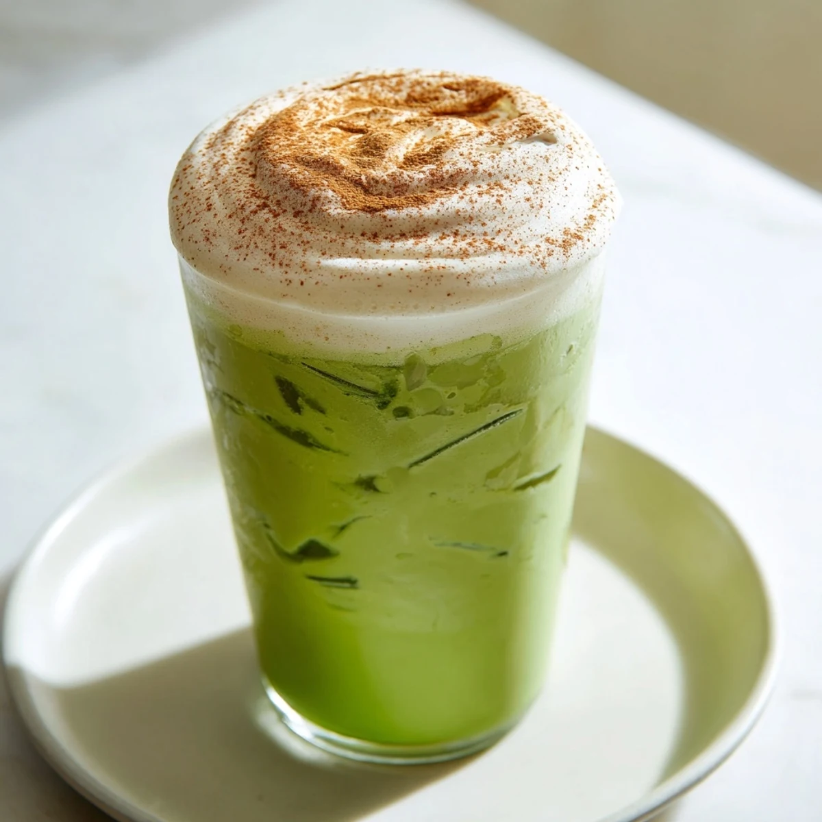Cool, green Cinnamon Roll Iced Matcha swirled with milk and topped by a fluffy, cinnamon-kissed protein foam.