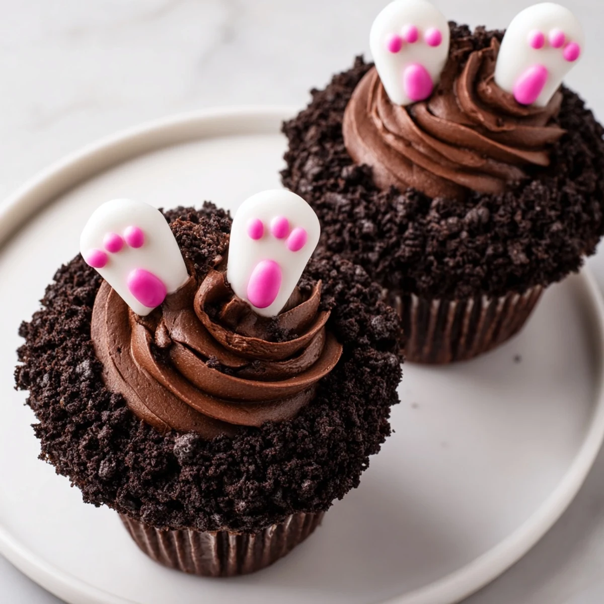 Bunny Burrow Cupcake Tray: Rich chocolate cupcakes with creamy frosting and adorable bunny decorations.
