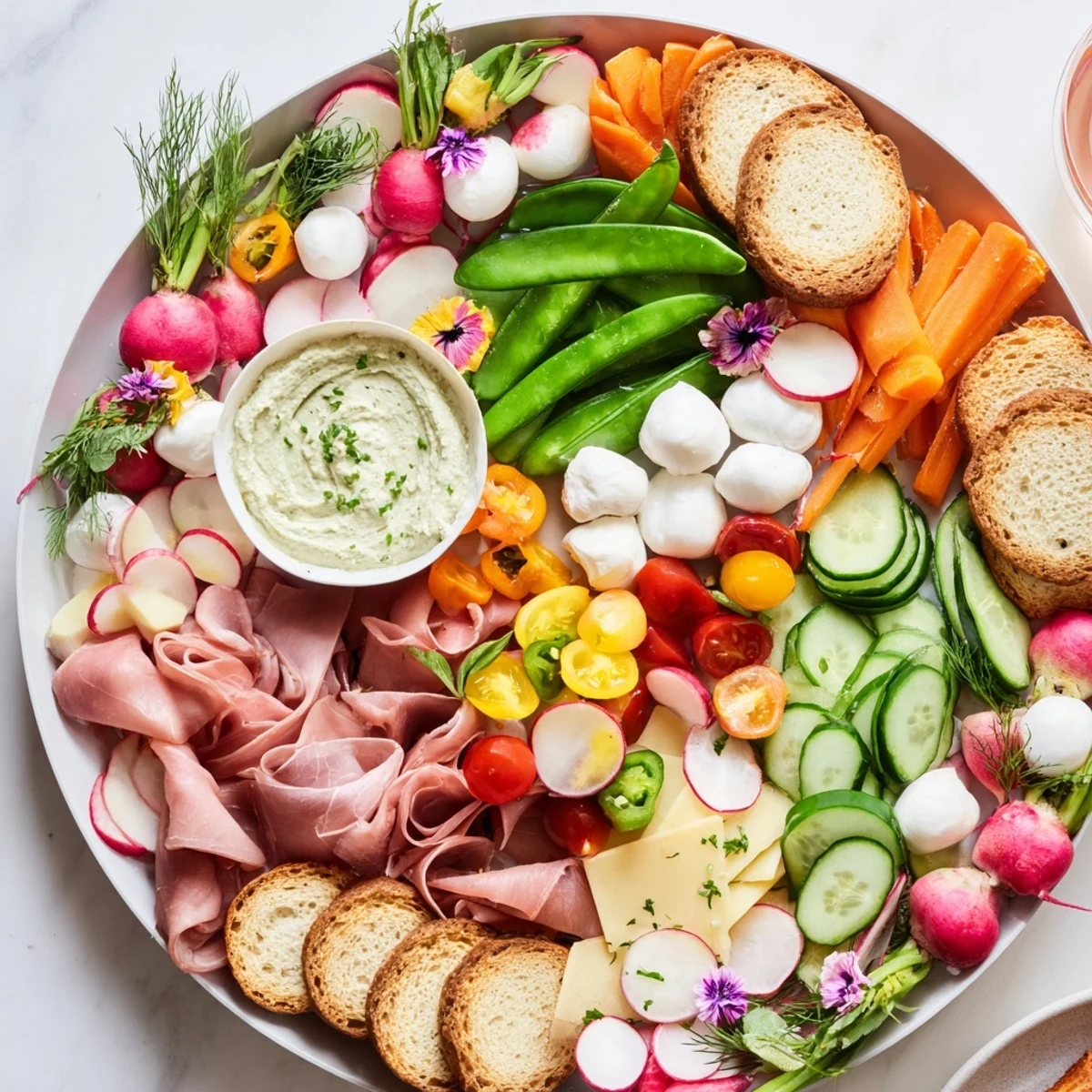 Colorful spring wreath appetizer platter boasts fresh vegetables, cheeses, and dips, perfect for sharing.