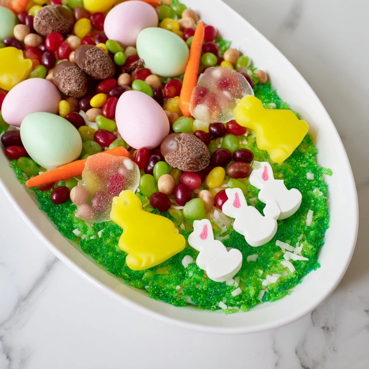 A bright, colorful Egg-Shaped Candy Platter with an array of sweets, perfect for Easter.