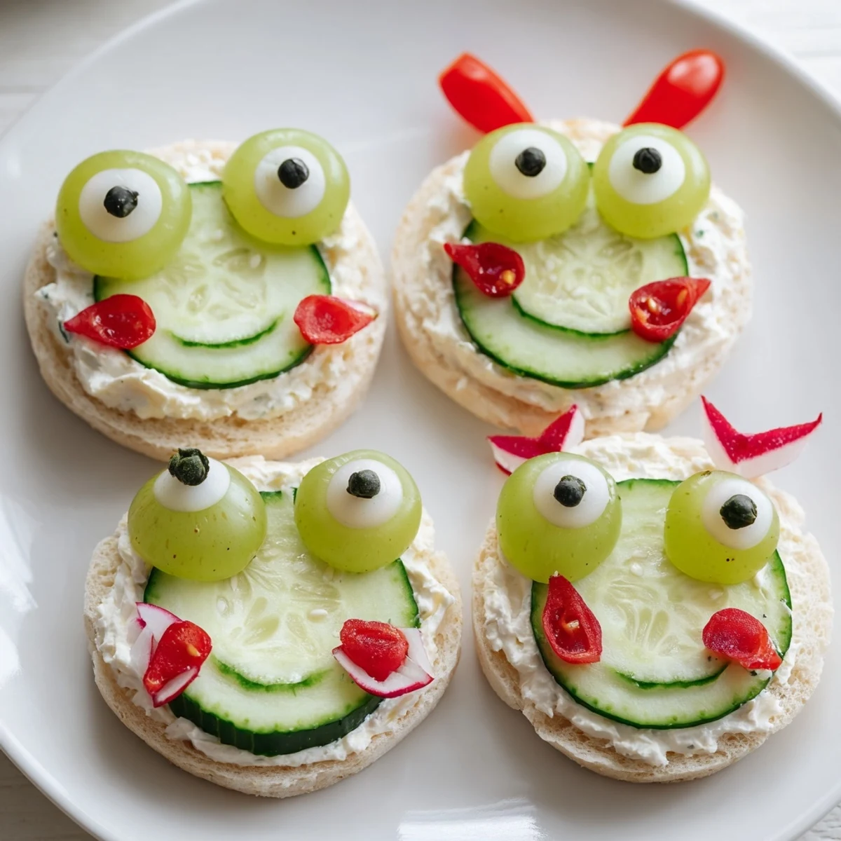 Colorful froggy sandwich cutouts, ready to eat, featuring grape eyes and tomato cheeks for children's parties.