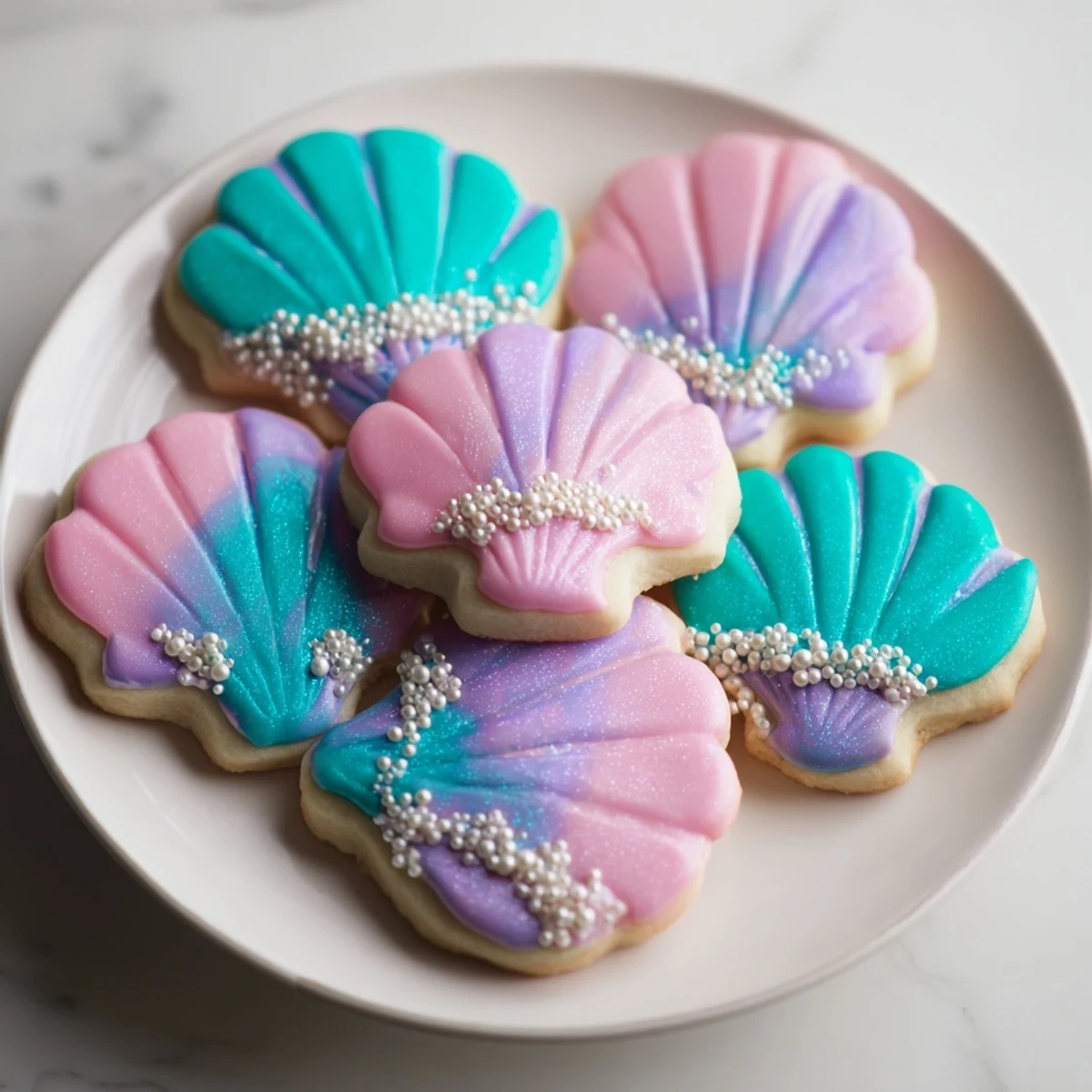 Delicate seashell cookies, these Seashell Sweets, feature swirling pastel icing, perfect for dessert enjoyment.