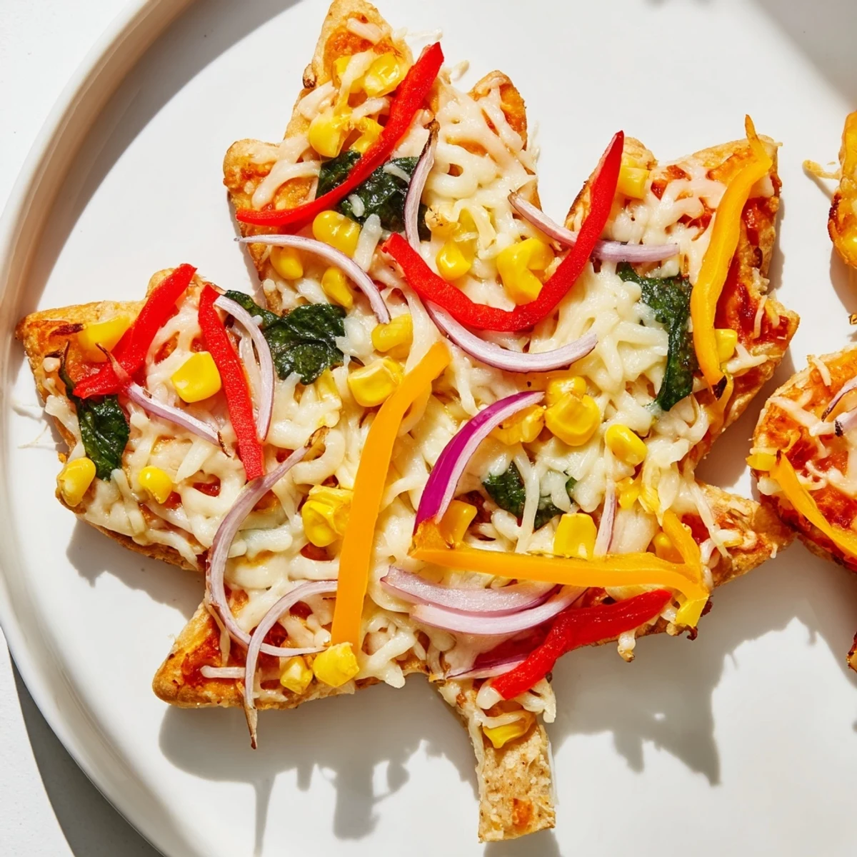Golden, bubbly Fall Foliage Maple Leaf Mini Pizzas, topped with vibrant peppers, ready to serve on a baking sheet.